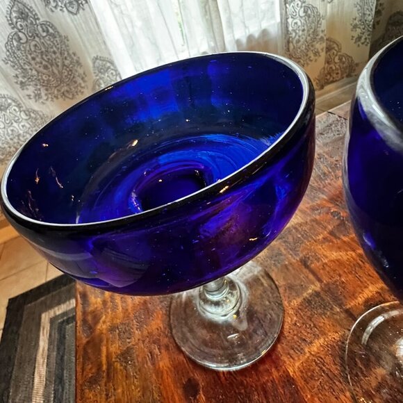 Set Of 2 Mouth Blown Cobalt Blue Glass Margarita Glasses - Picture 4 of 8